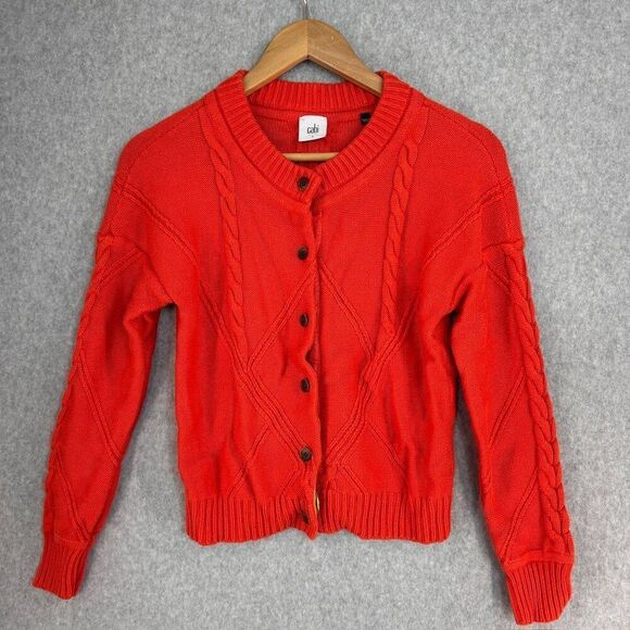Women's CAbi Size Small Orange Cardigan‎ Sweater Button Front Chunky Cable Knit - Picture 1 of 10